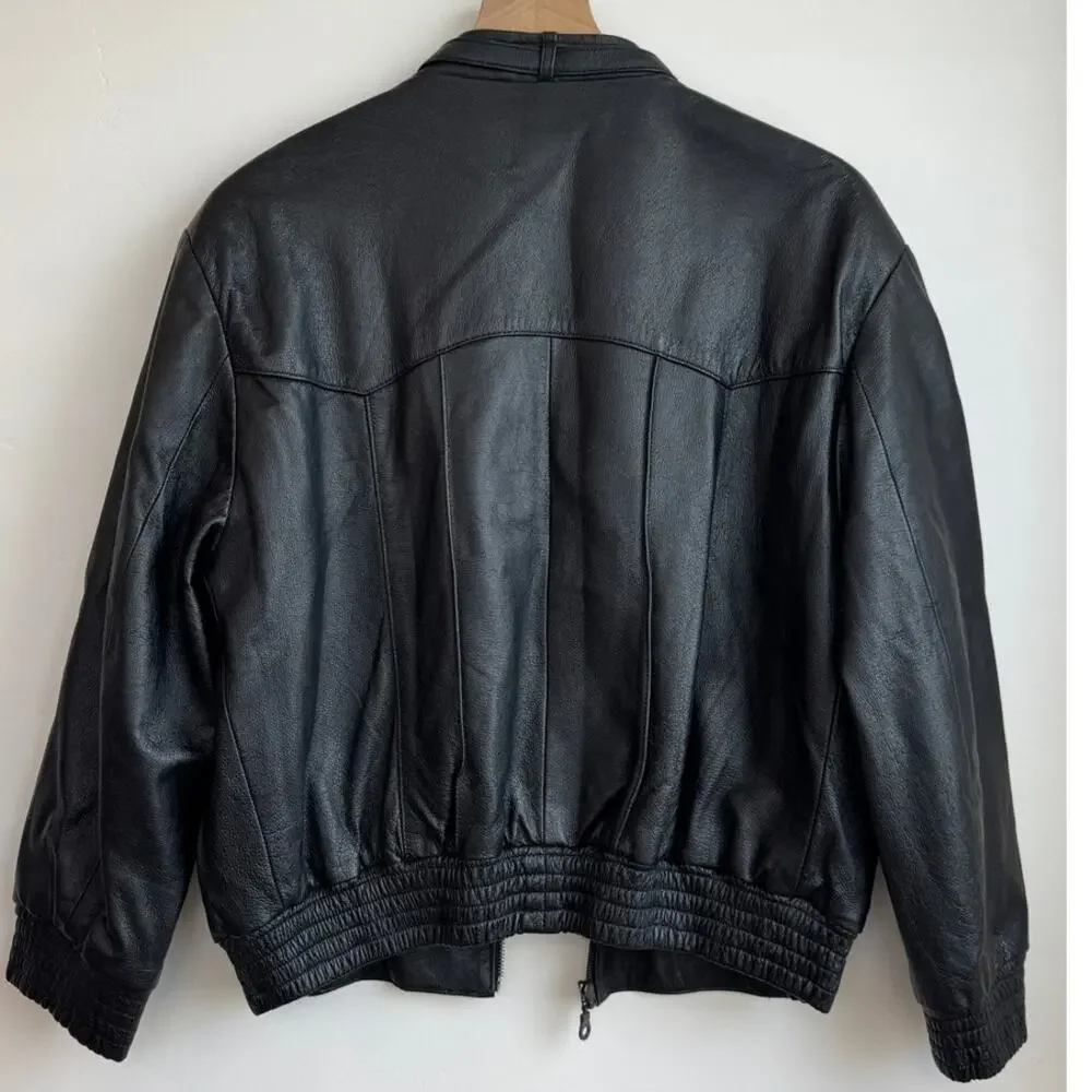 Vintage Men's Leather Black Leather Bomber Jacket Size Small